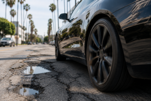 Luxury vehicle driving on Los Angeles roads with premium satin black wheels