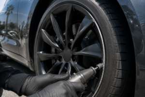 Tesla wheel refinishing and repair close up in Los Angeles